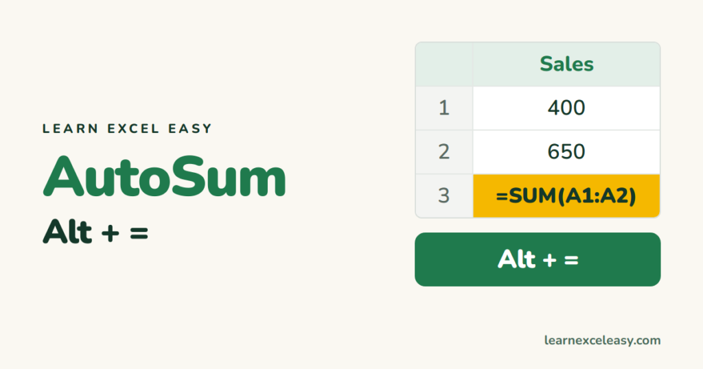 Excel AutoSum Shortcut: Alt + = to total a column instantly