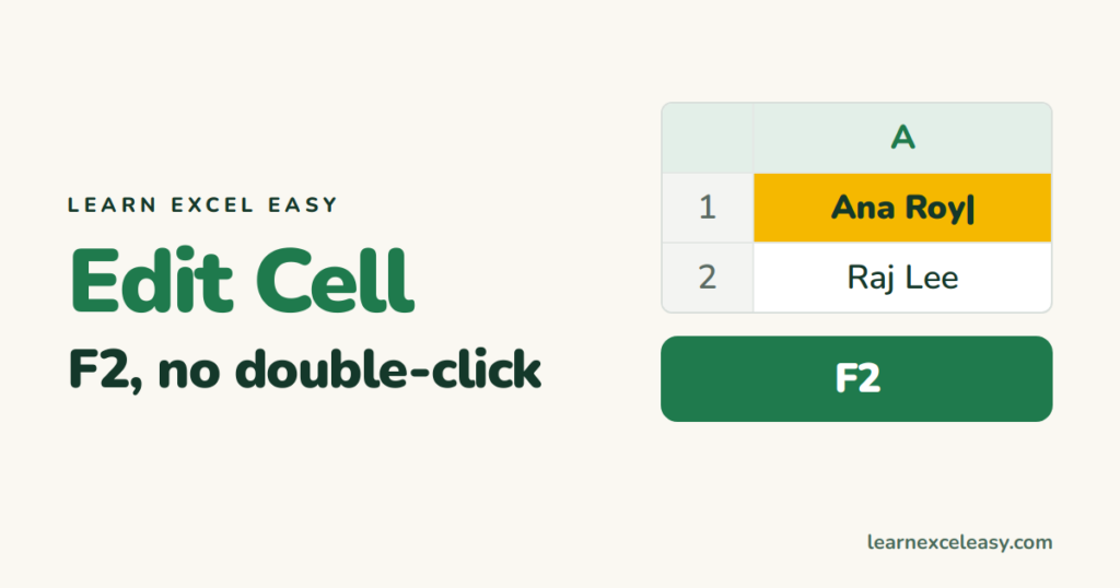 Excel Edit Cell Shortcut: F2 (and moving inside a cell)