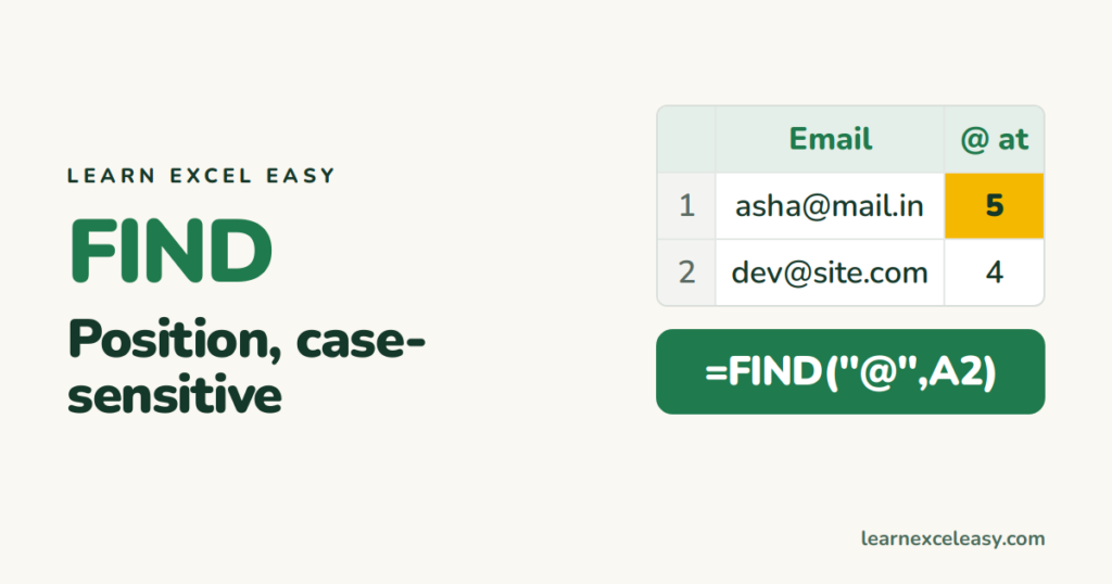 Excel FIND Function: locate text (case-sensitive)