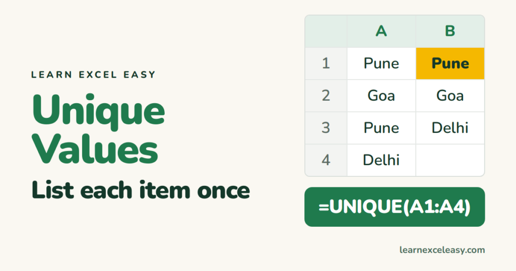 Excel Unique Values: list each item once