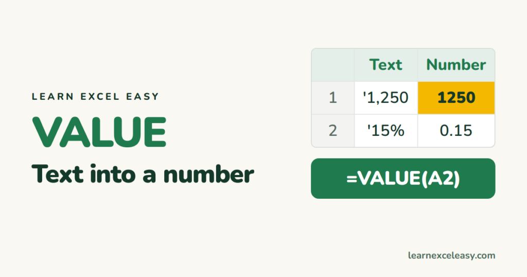 Excel VALUE Function: turn text that looks like a number into a number