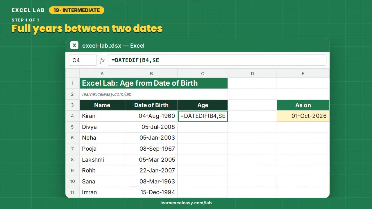 Age from Date of Birth Excel lab