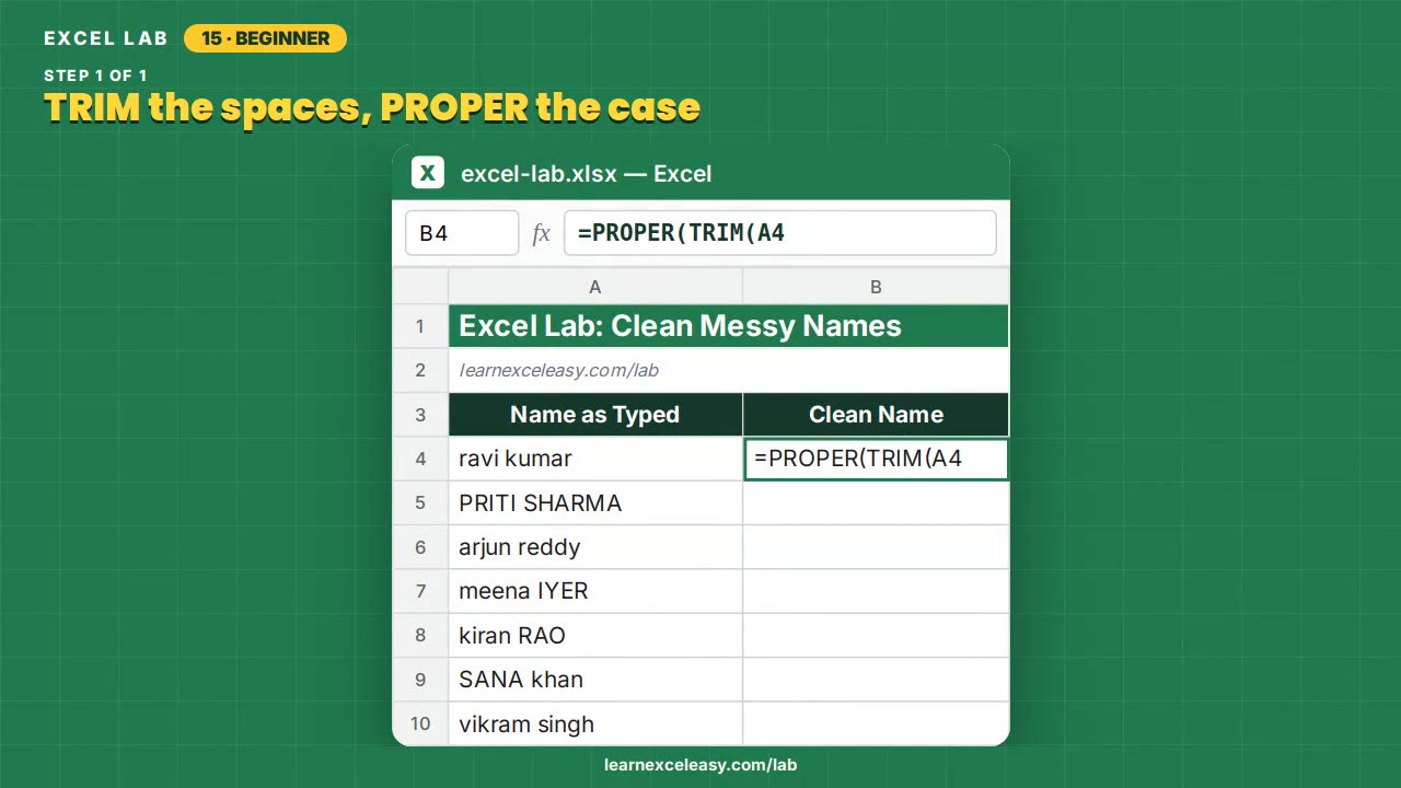 Clean Messy Names Excel lab