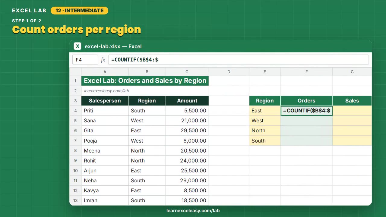 Orders and Sales by Region Excel lab