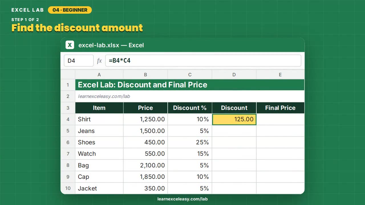 Discount and Final Price Excel lab