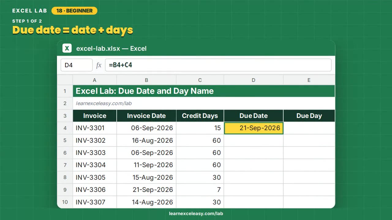 Due Date and Day Name Excel lab