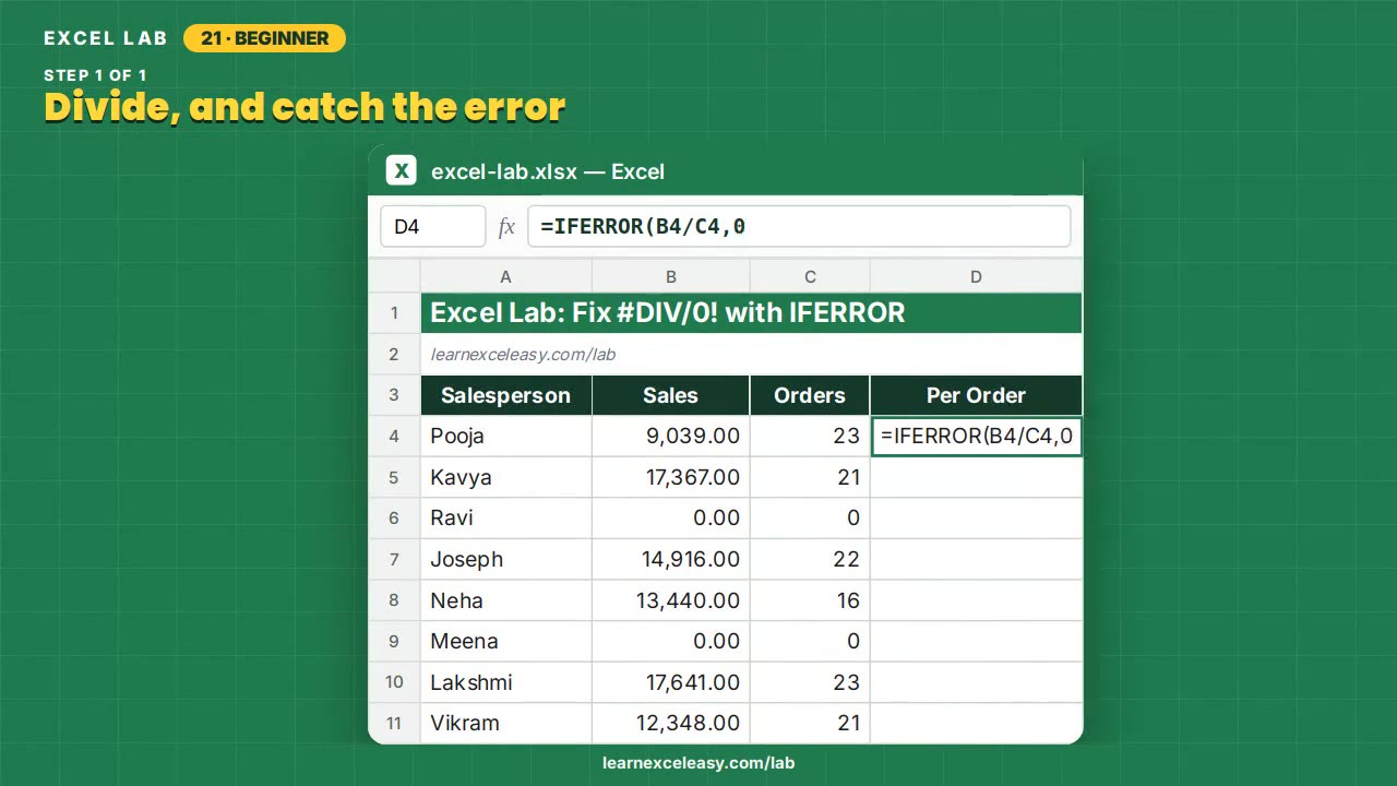 Fix #DIV/0! with IFERROR Excel lab