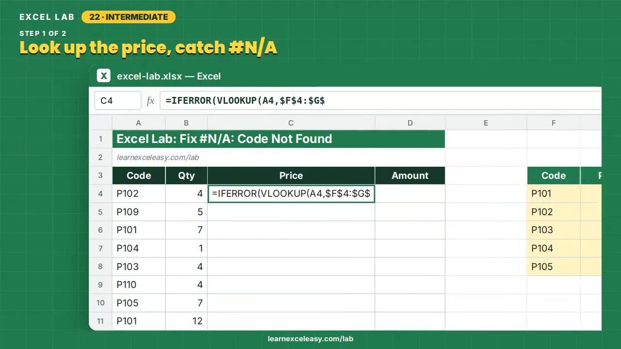 Fix #N/A: Code Not Found Excel lab
