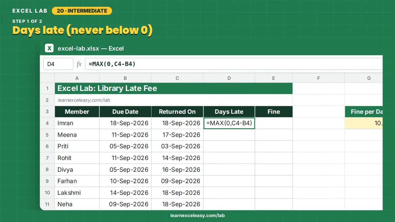 Library Late Fee Excel lab