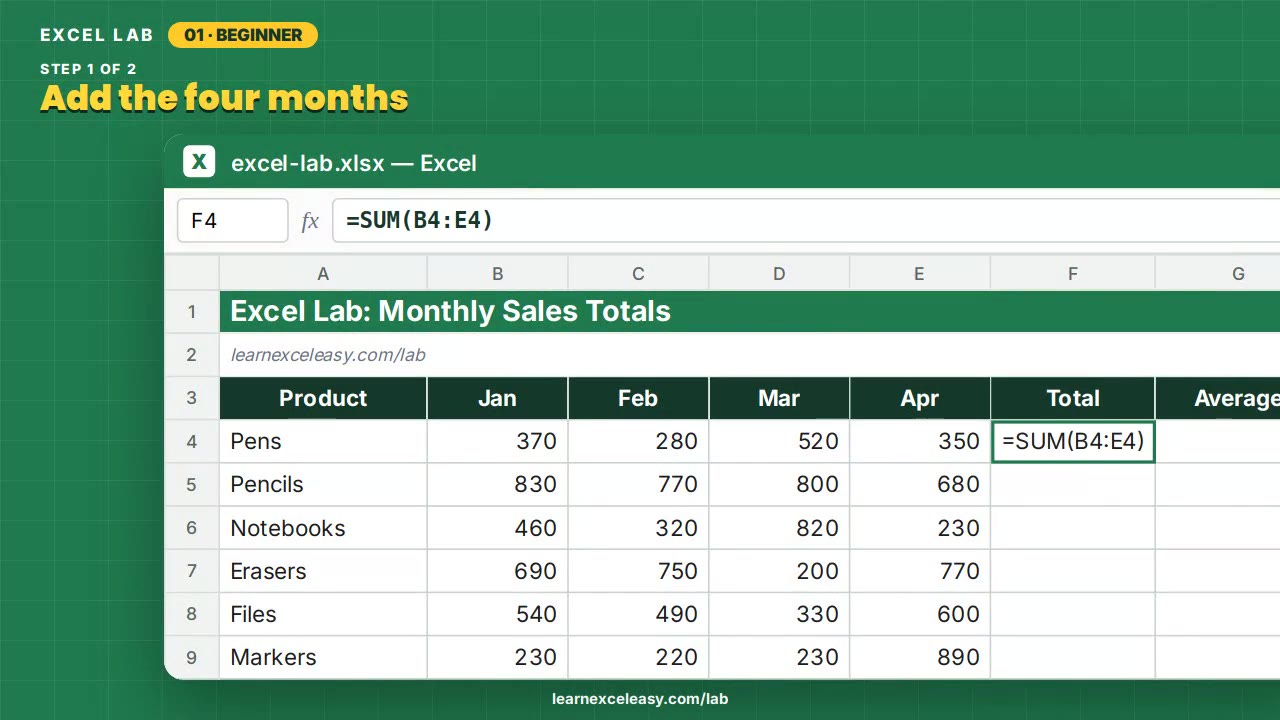 Monthly Sales Totals Excel lab