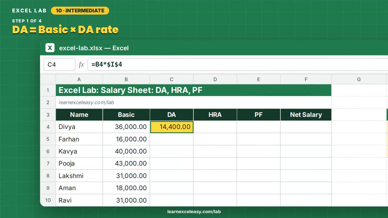 Salary Sheet: DA, HRA, PF Excel lab
