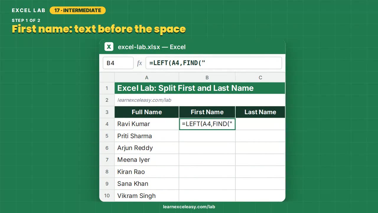 Split First and Last Name Excel lab