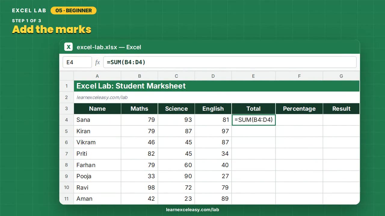 Student Marksheet Excel lab