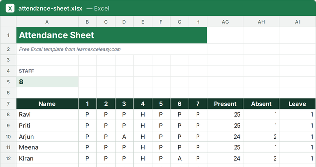Attendance Sheet Excel template filled with sample data