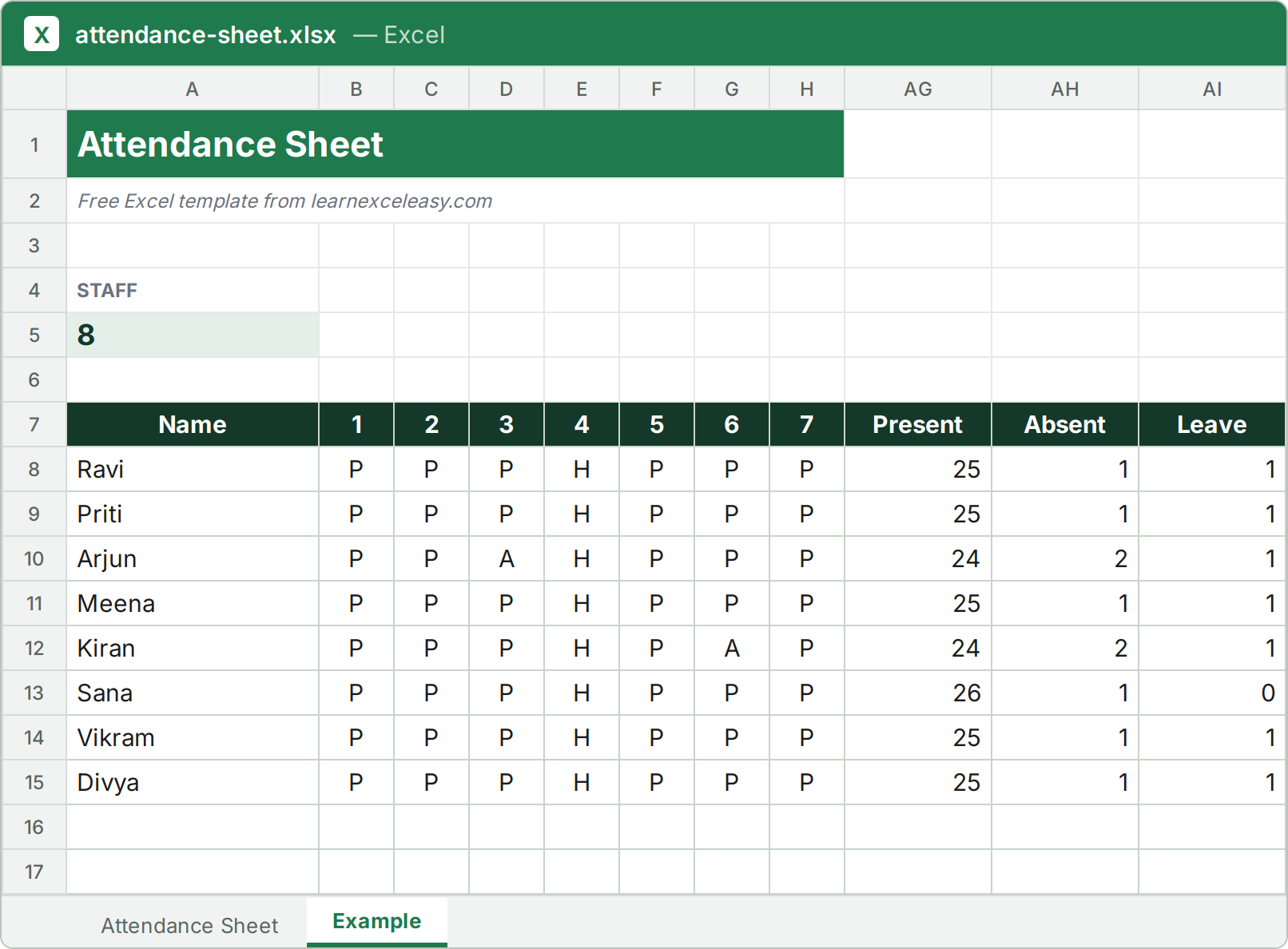 Attendance Sheet Excel template filled with sample data
