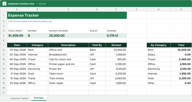 Expense Tracker Excel template filled with sample data