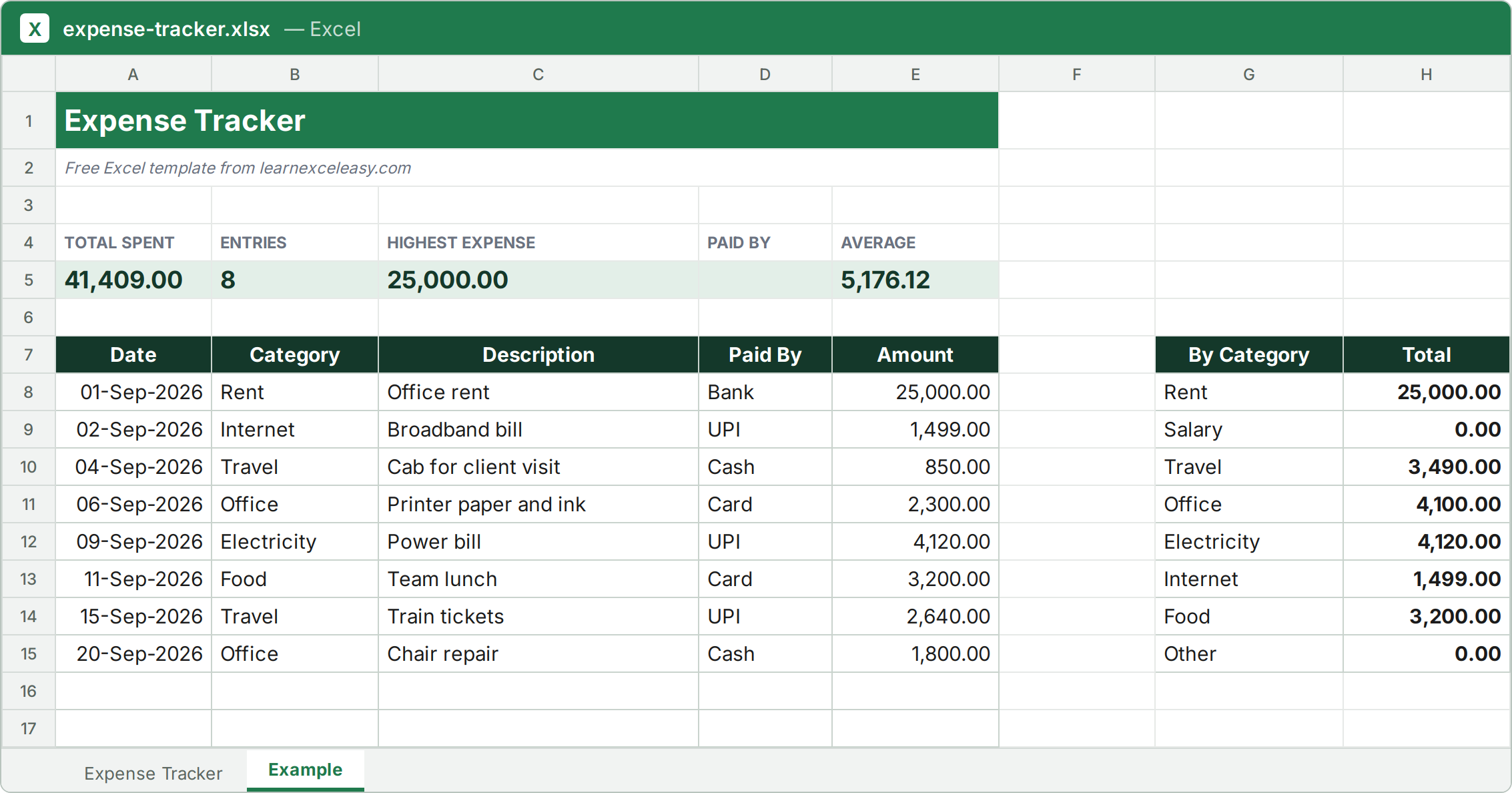Expense Tracker Excel template filled with sample data