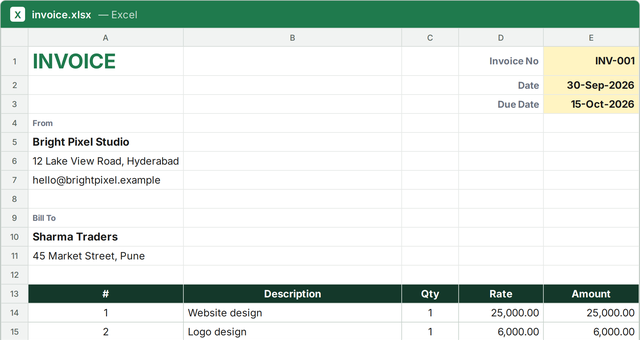 Invoice Excel template filled with sample data
