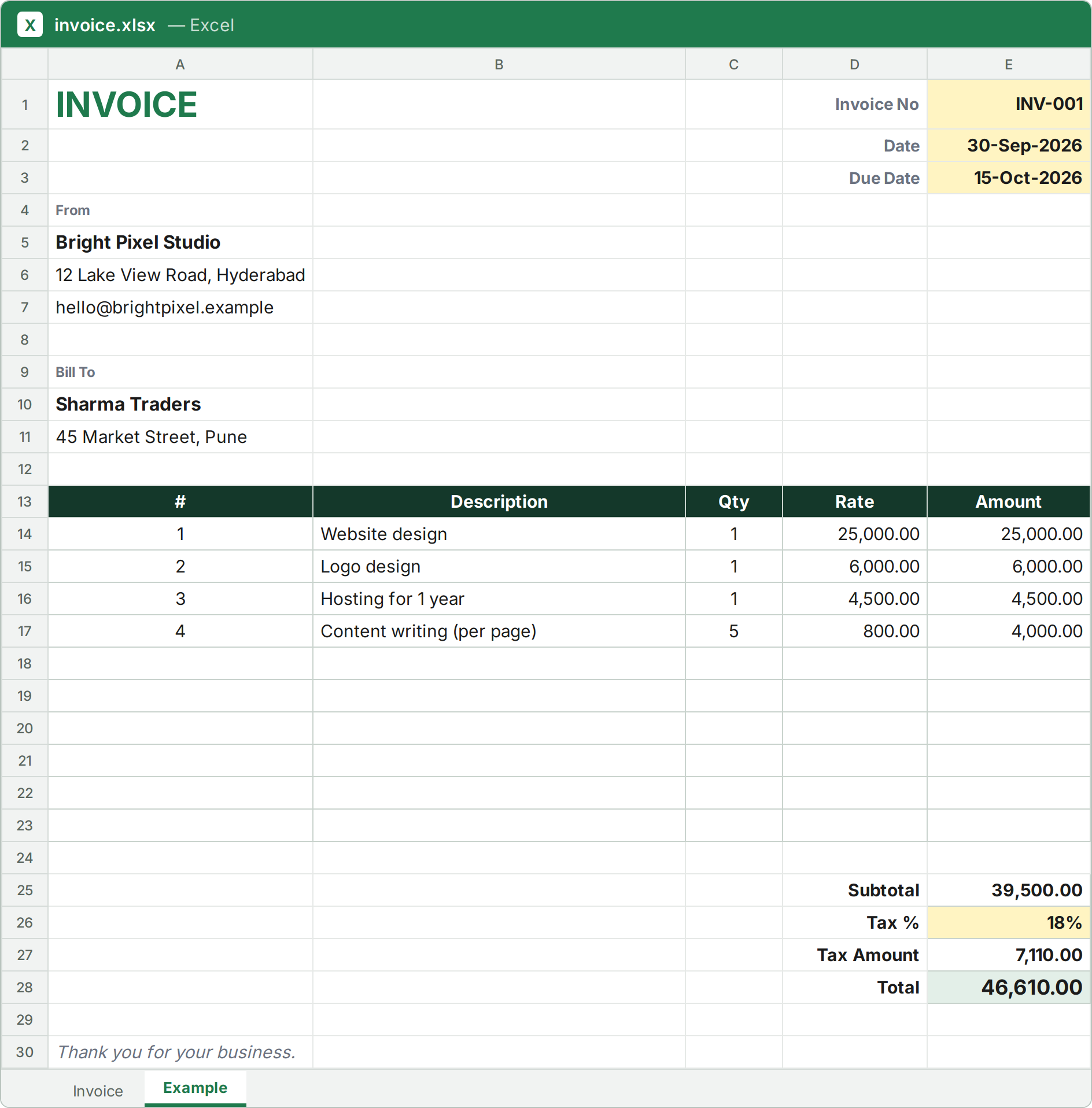 Invoice Excel template filled with sample data