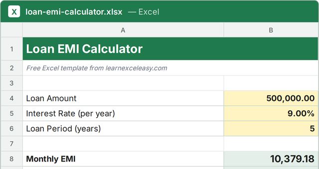Loan EMI Calculator Excel template filled with sample data