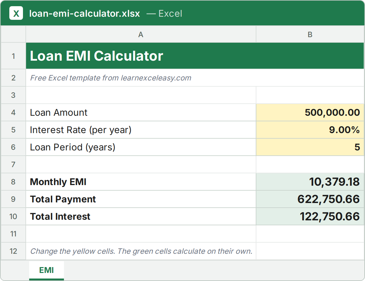 Loan EMI Calculator Excel template filled with sample data
