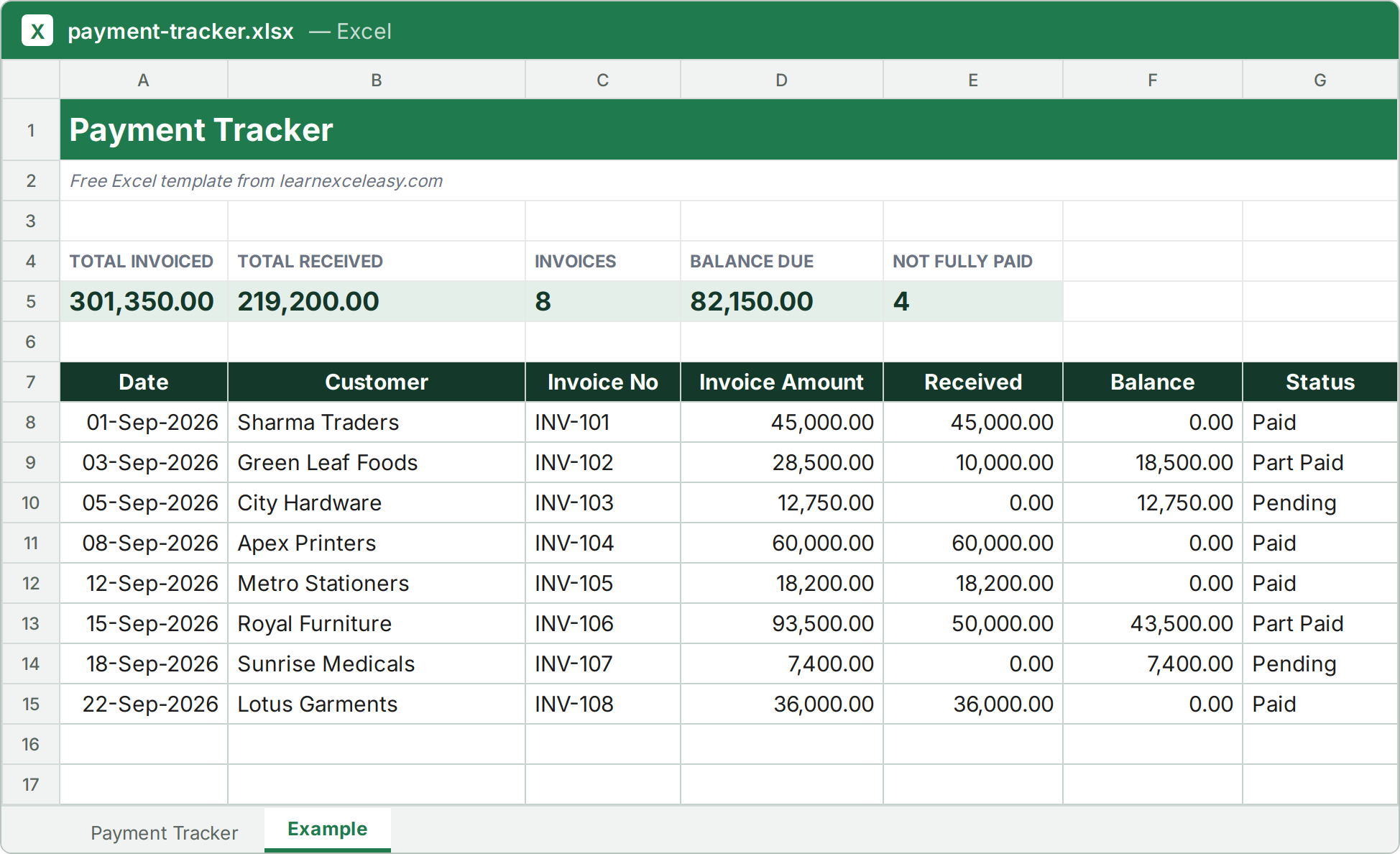 Payment Tracker Excel template filled with sample data
