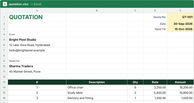 Quotation Excel template filled with sample data