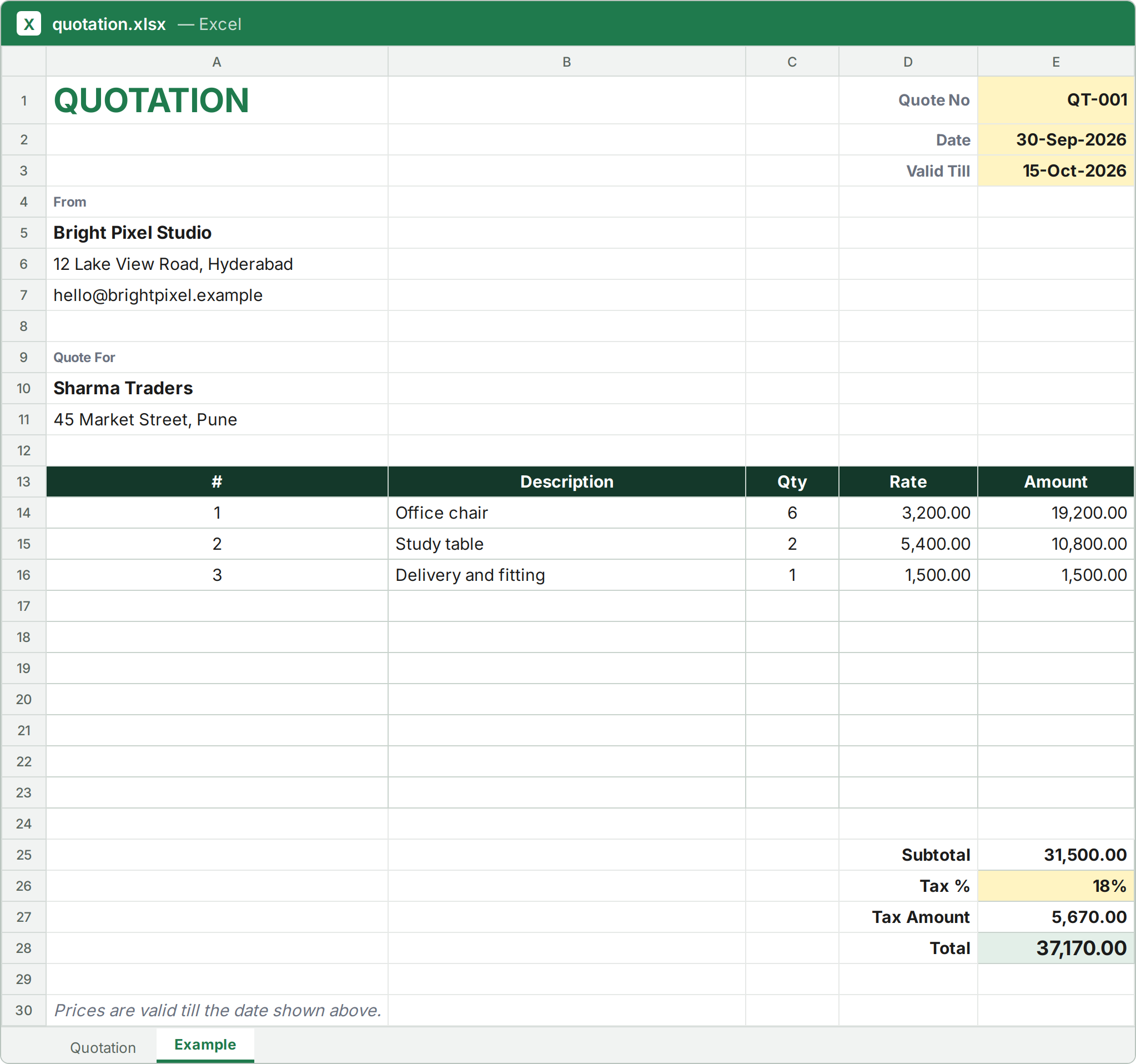 Quotation Excel template filled with sample data