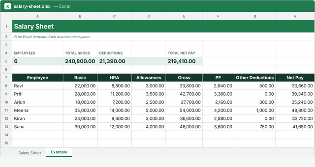 Salary Sheet Excel template filled with sample data