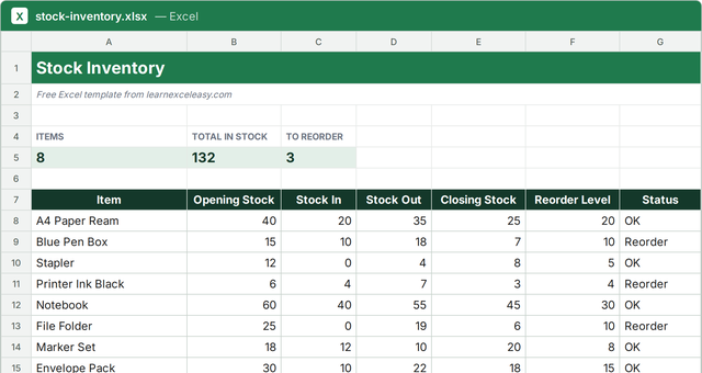 Stock Inventory Excel template filled with sample data