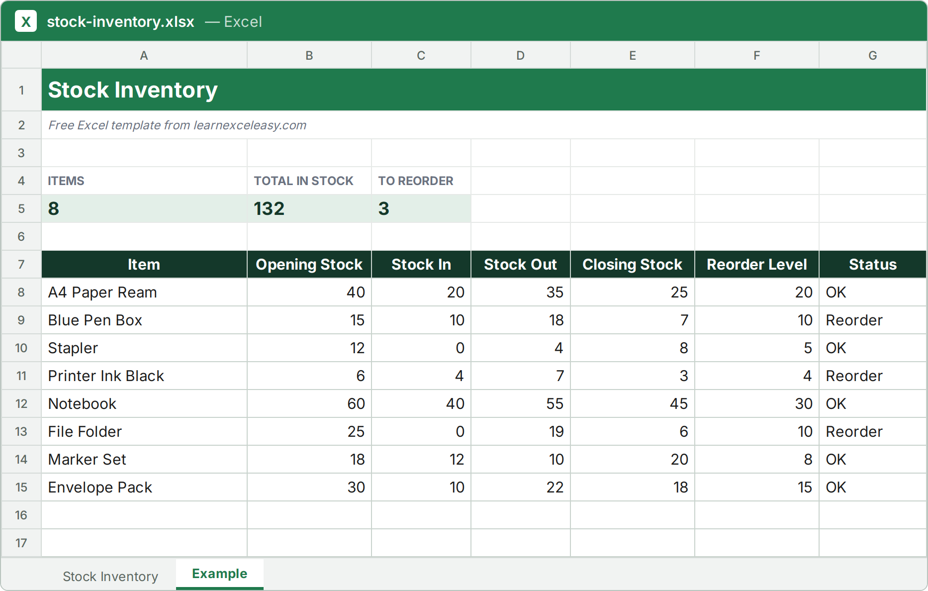 Stock Inventory Excel template filled with sample data