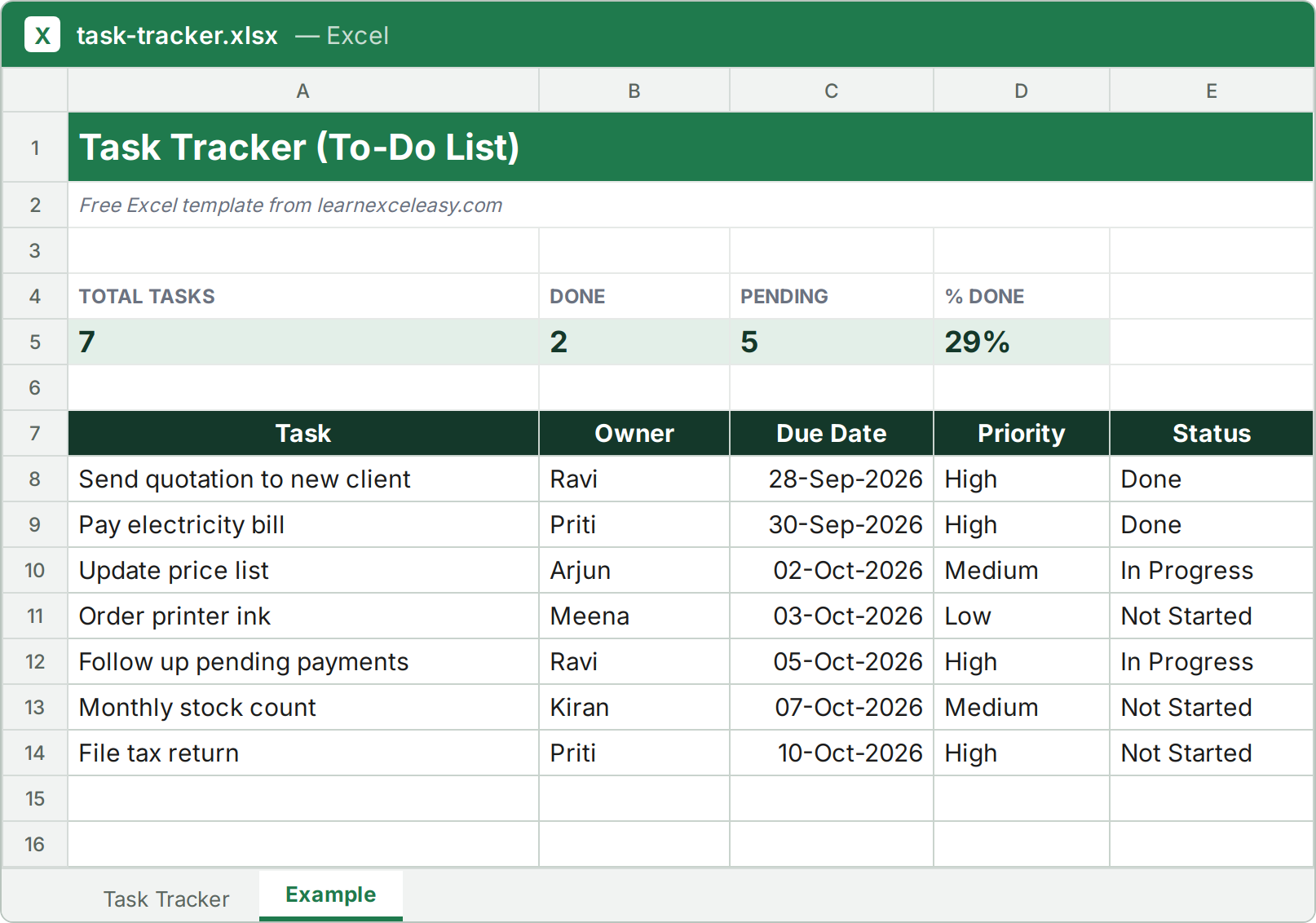 Task Tracker Excel template filled with sample data